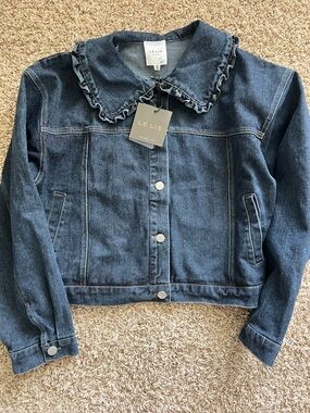 Le Lis Dark Blue Ruffle Collar Denim Jacket